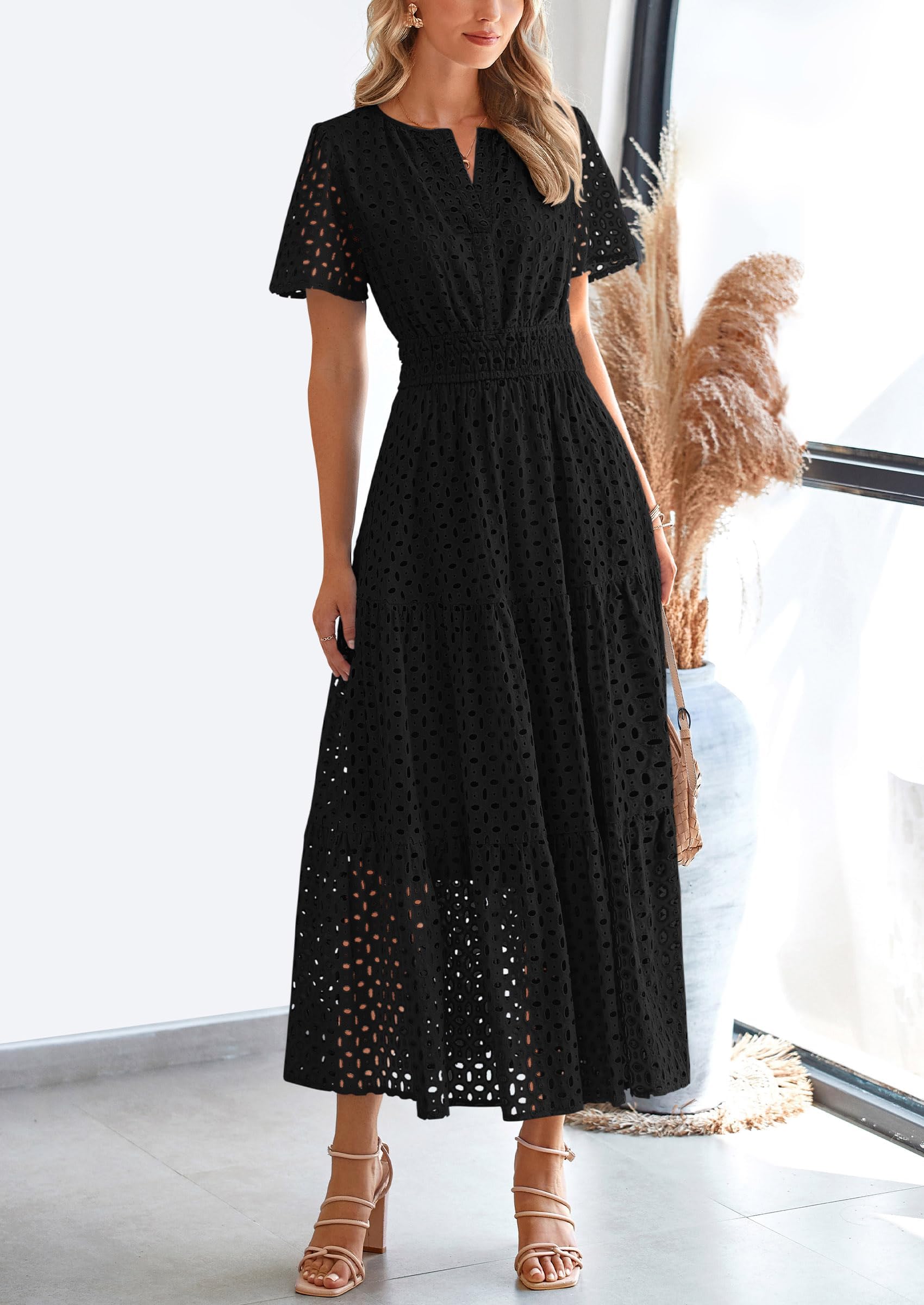 PRETTYGARDEN Womens Maxi Dress Short Sleeve V Neck Hollow Out Eyelet A Line Long Flowy Beach Vacation Dresses