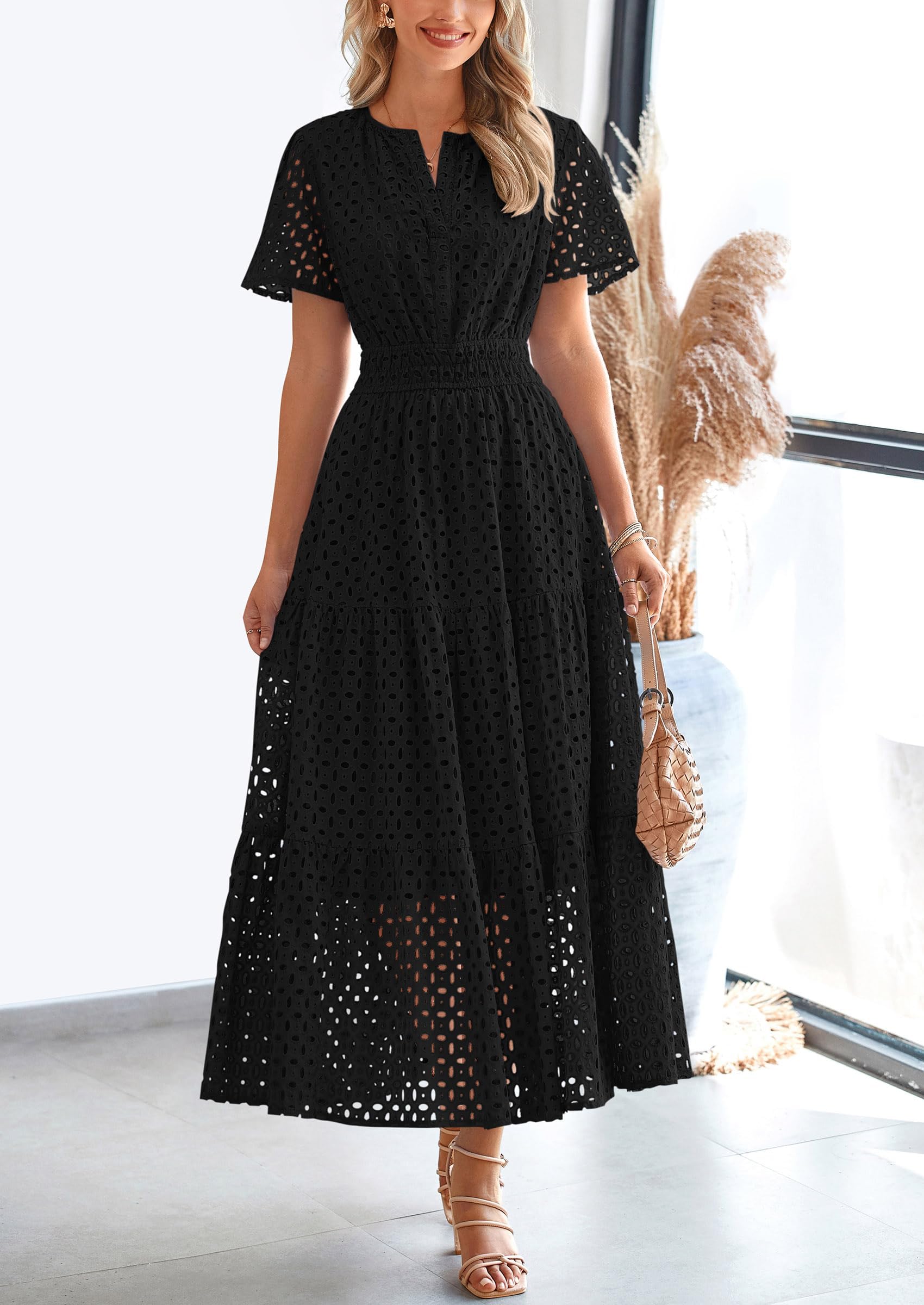 PRETTYGARDEN Womens Maxi Dress Short Sleeve V Neck Hollow Out Eyelet A Line Long Flowy Beach Vacation Dresses