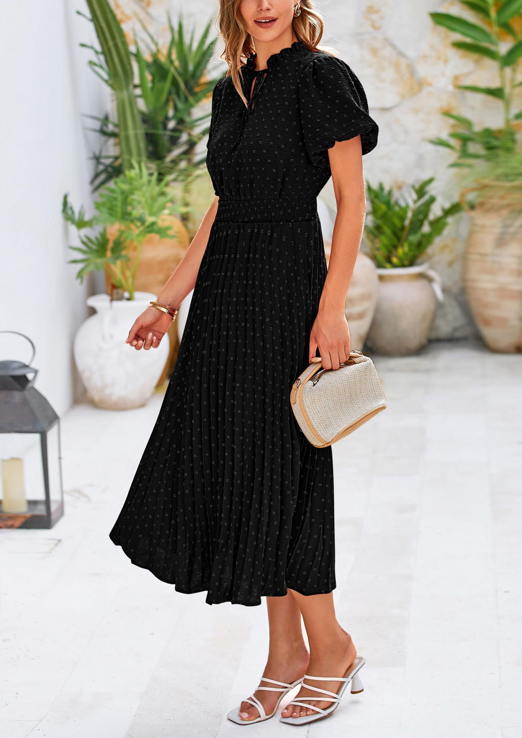 PRETTYGARDEN Womens Midi Dresses Puff Short Sleeve V Neck Swiss Dot Pleated A Line Flowy Long Wedding Guest Dress