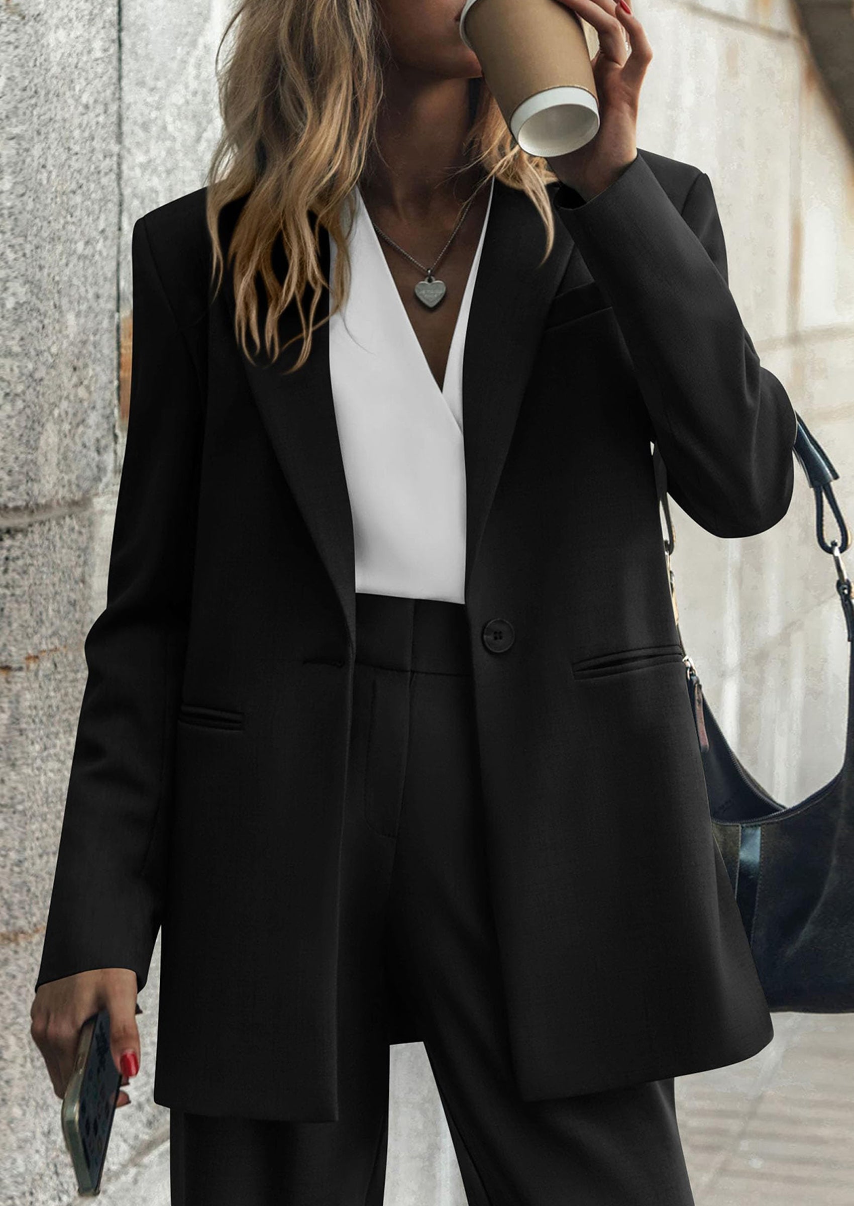 PRETTYGARDEN Women's Fall Two Piece Outfits Dressy Blazer Jacket and Wide Leg Pants Pockets Business Casual Office Suit Sets