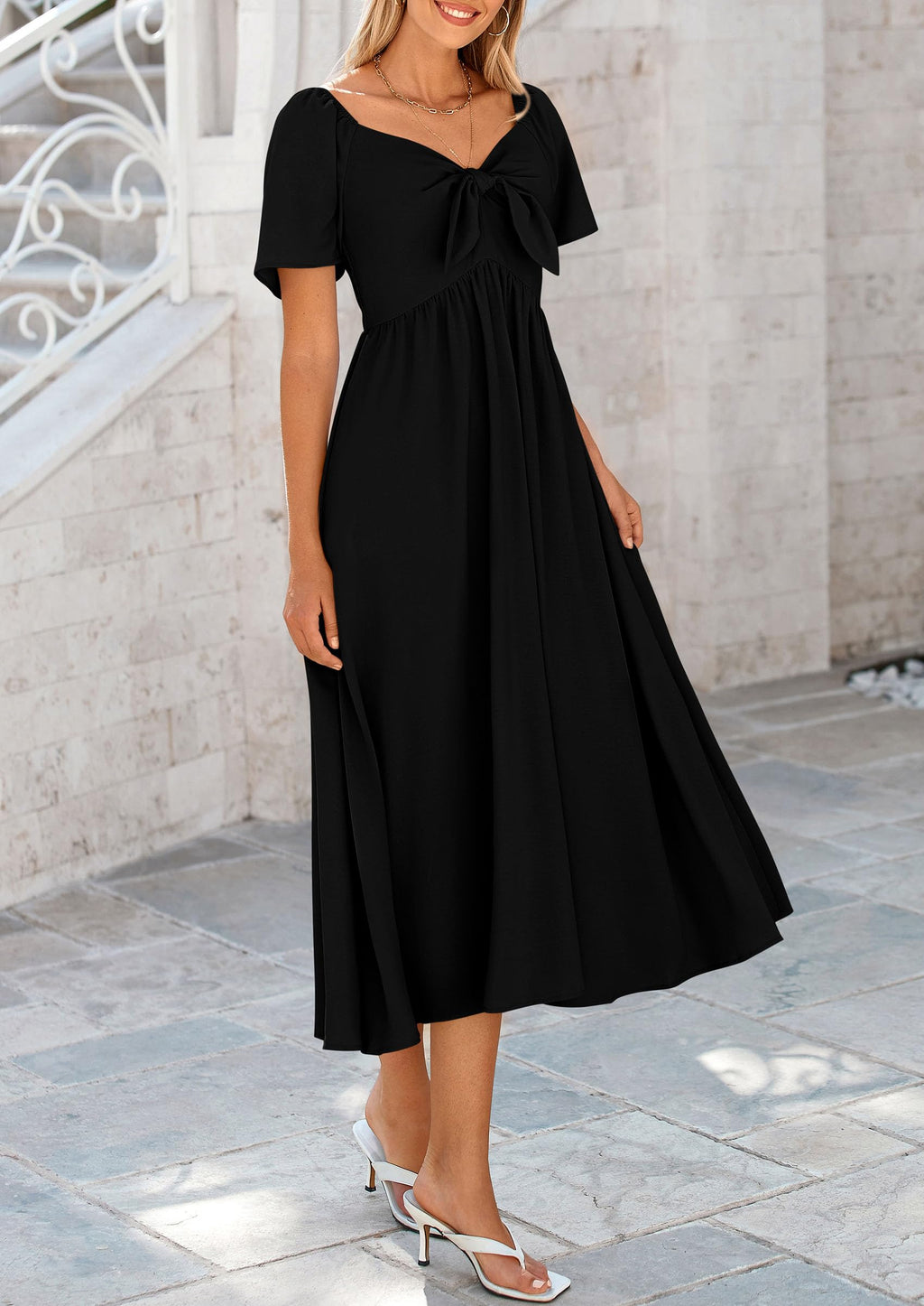 PRETTYGARDEN Summer Dress for Women Casual Short Sleeve Bow Tie V Neck Ruffle Midi Flowy Dresses