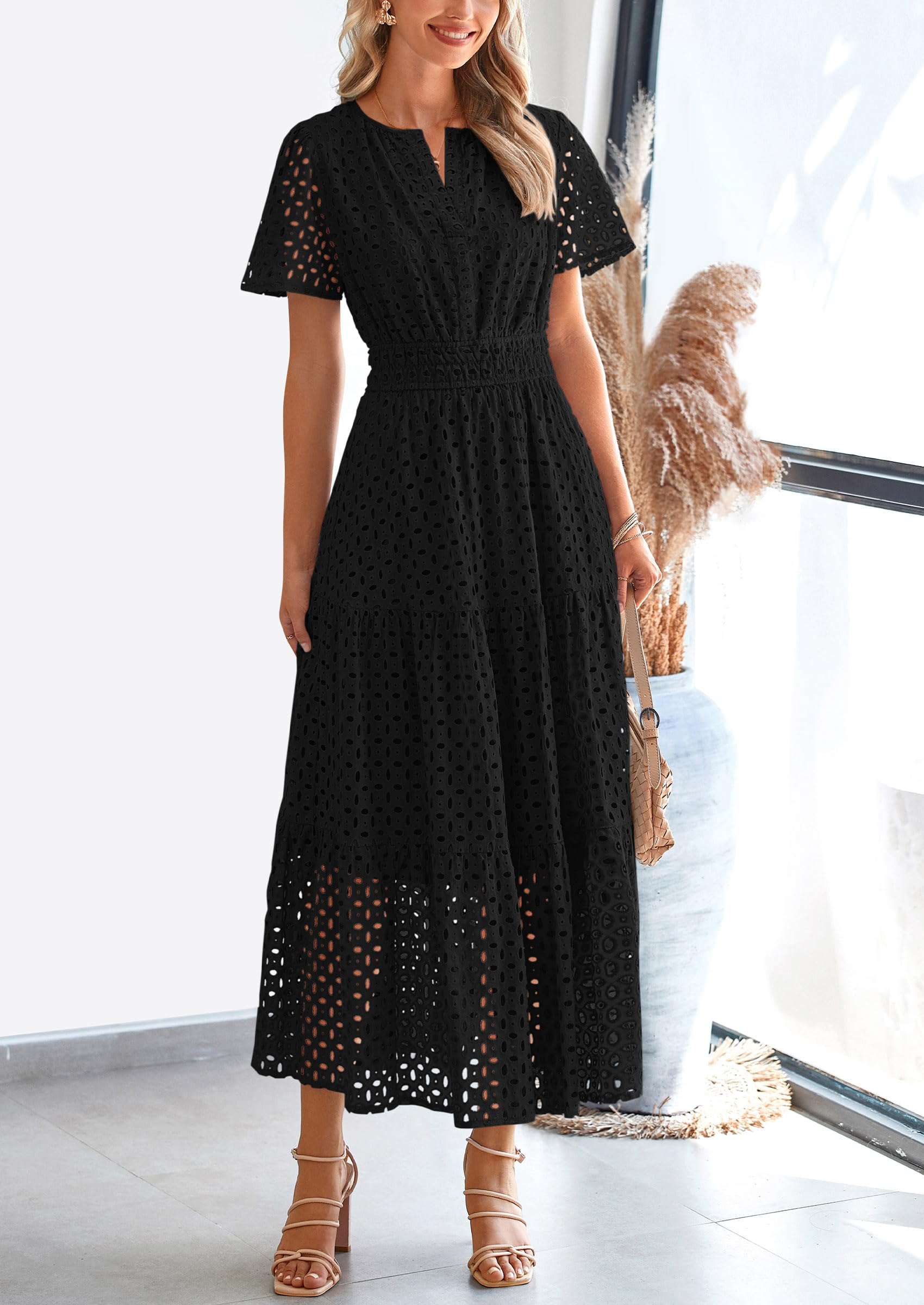 PRETTYGARDEN Womens Maxi Dress Short Sleeve V Neck Hollow Out Eyelet A Line Long Flowy Beach Vacation Dresses