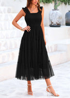 PRETTYGARDEN Women's Tulle Midi Dress Sleeveless Smocked Ruffle Mesh Flowy Dresses Party Wedding Guest Sundress