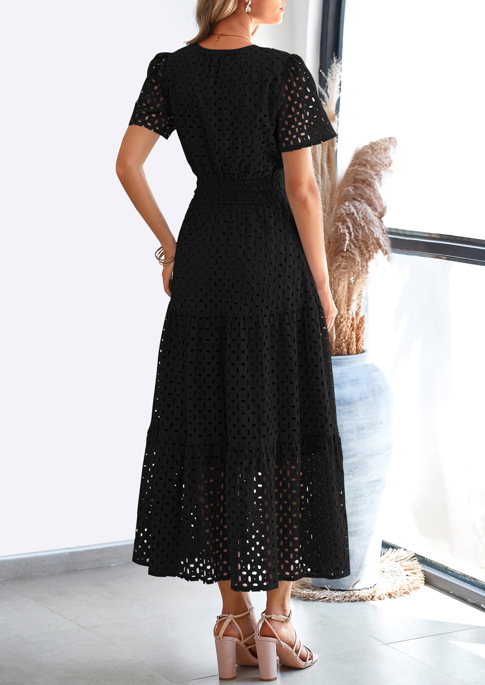 PRETTYGARDEN Womens Maxi Dress Short Sleeve V Neck Hollow Out Eyelet A Line Long Flowy Beach Vacation Dresses