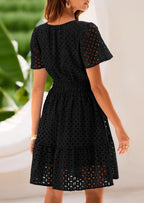 PRETTYGARDEN Women Summer Short Dress V Neck Short Sleeve A Line Hollow Out Lace Ruffle Cute Casual Beach Party Dresses