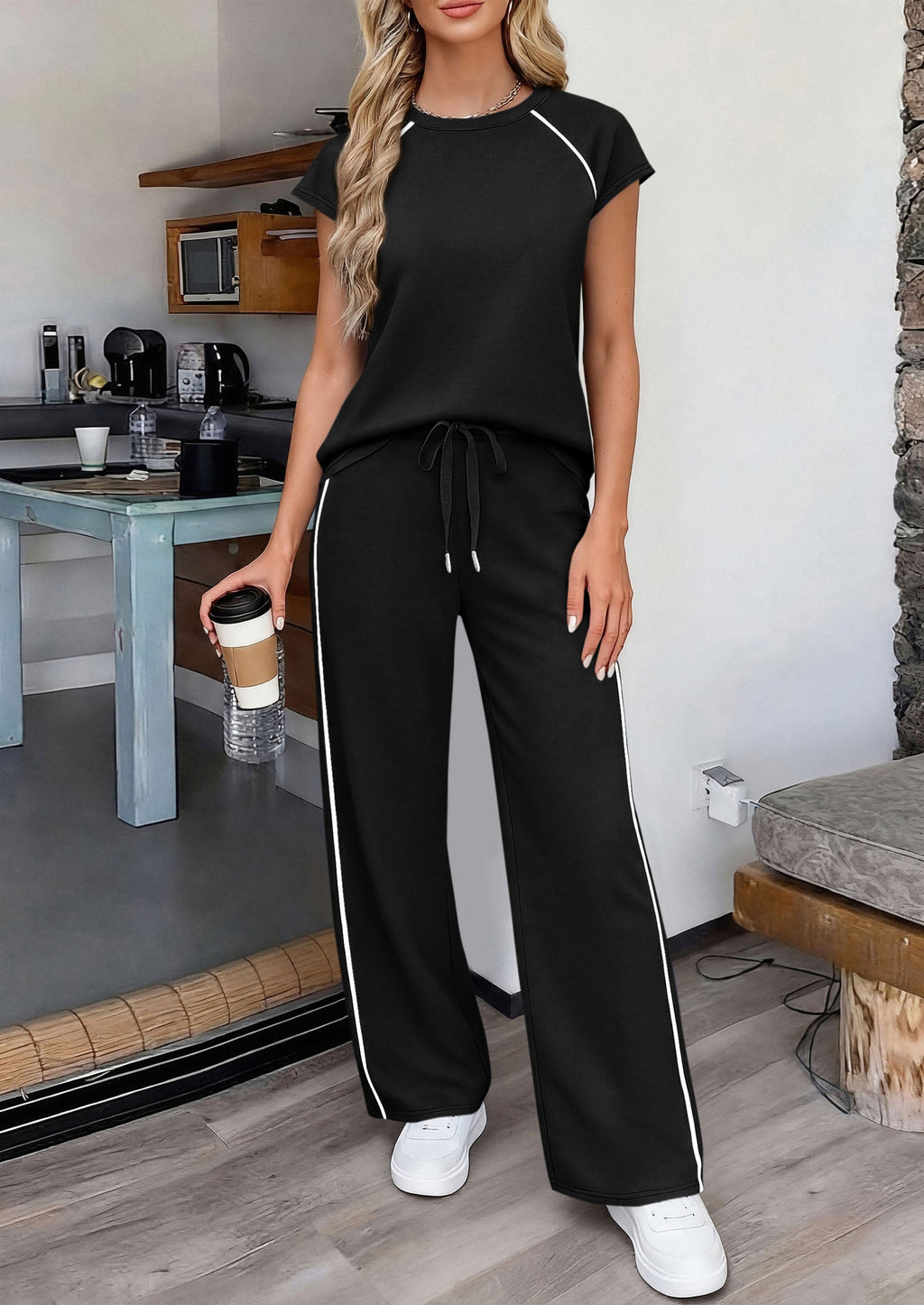 PRETTYGARDEN Women's 2 Piece Lounge Sets Summer Cap Sleeve Tops Wide Leg Pants Travel Outfits Matching Fashion Clothing
