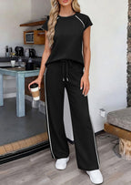 PRETTYGARDEN Women's 2 Piece Lounge Sets Summer Cap Sleeve Tops Wide Leg Pants Travel Outfits Matching Fashion Clothing