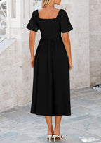 PRETTYGARDEN Summer Dress for Women Casual Short Sleeve Bow Tie V Neck Ruffle Midi Flowy Dresses