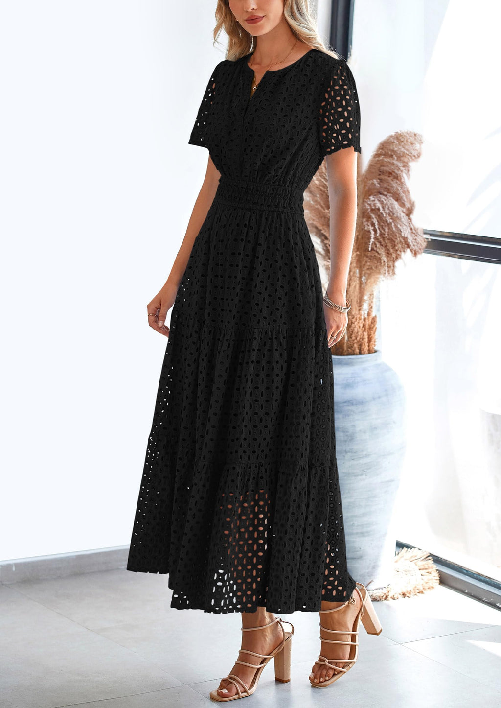 PRETTYGARDEN Womens Maxi Dress Short Sleeve V Neck Hollow Out Eyelet A Line Long Flowy Beach Vacation Dresses