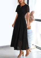 PRETTYGARDEN Womens Maxi Dress Short Sleeve V Neck Hollow Out Eyelet A Line Long Flowy Beach Vacation Dresses