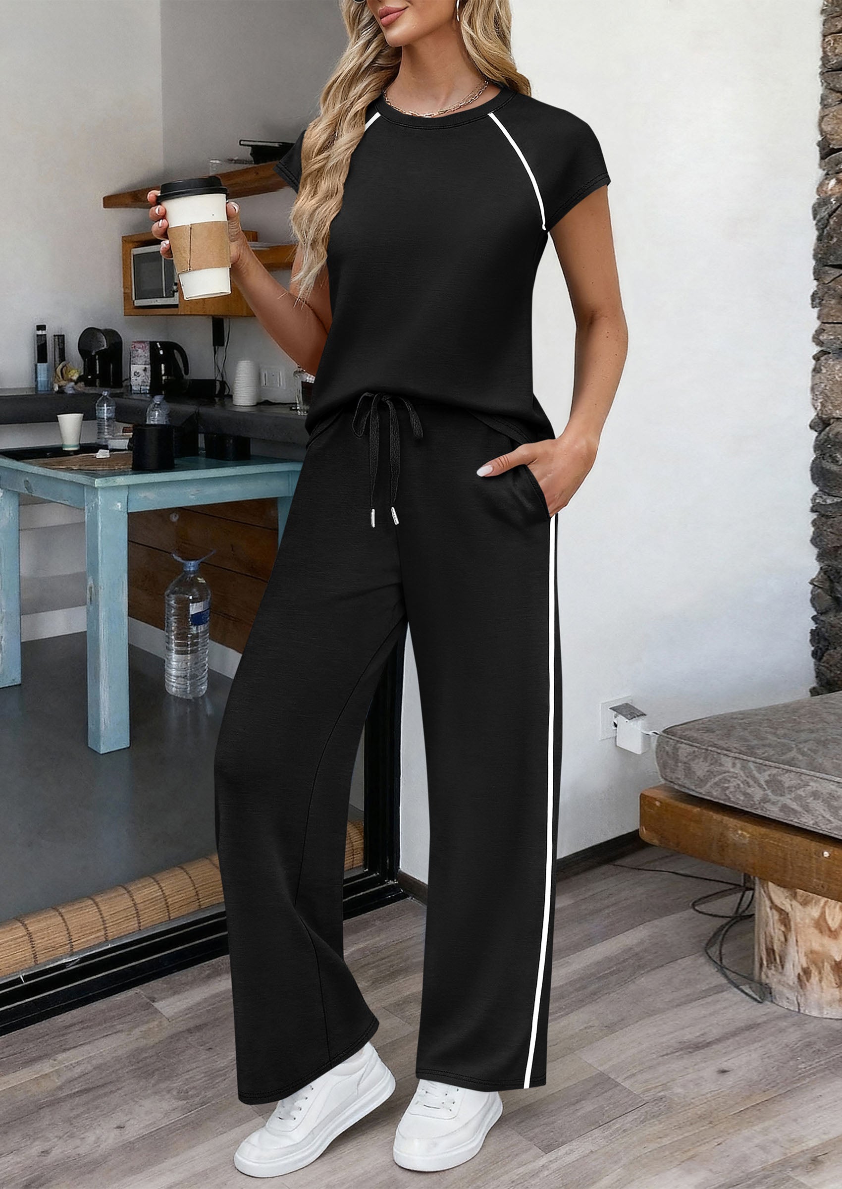 PRETTYGARDEN Women's 2 Piece Lounge Sets Summer Cap Sleeve Tops Wide Leg Pants Travel Outfits Matching Fashion Clothing