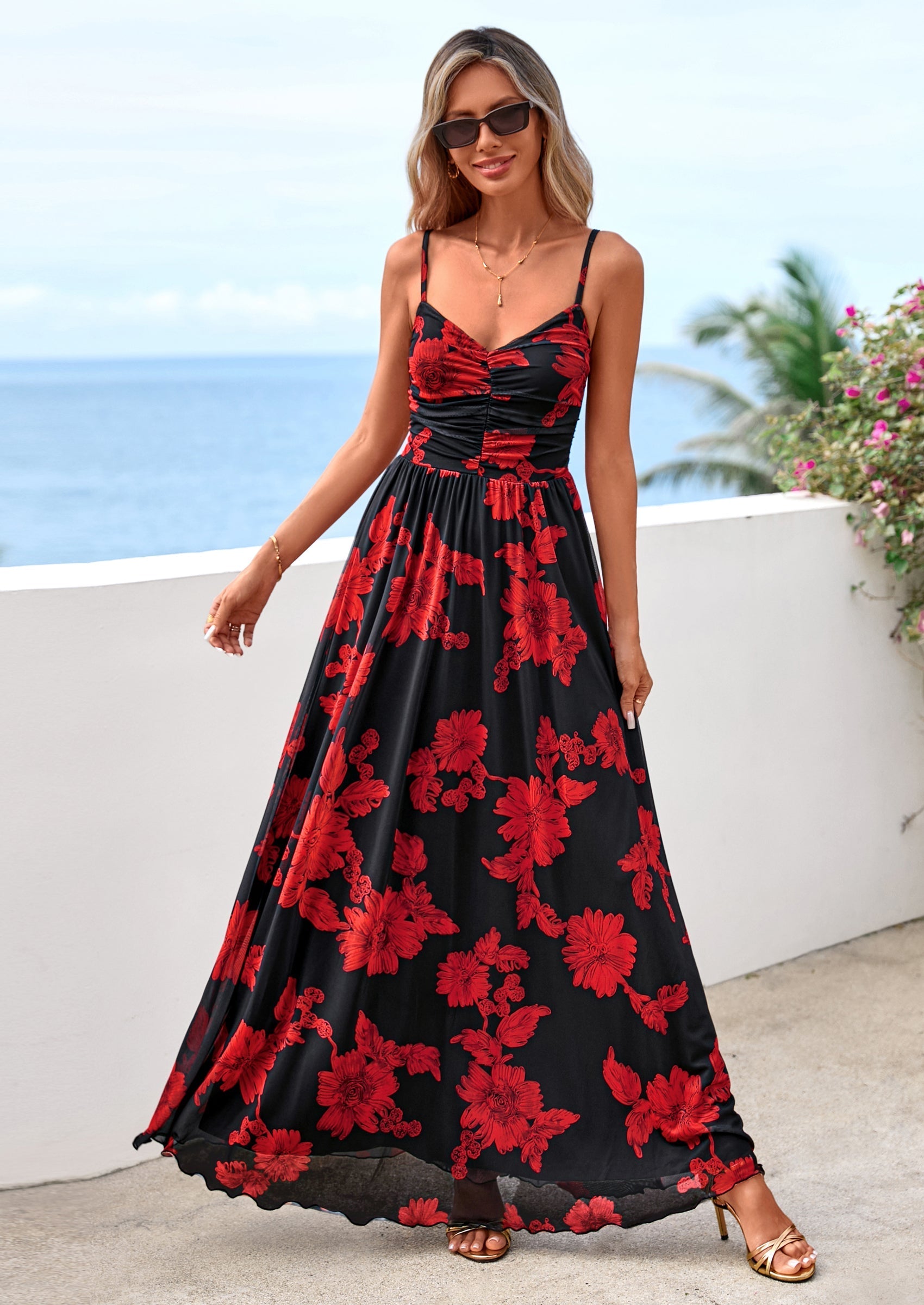 PRETTYGARDEN Women's Floral Maxi Dress Summer Outfits Spaghetti Strap Flowy Long Sundress Beach Vacation Boho Dresses