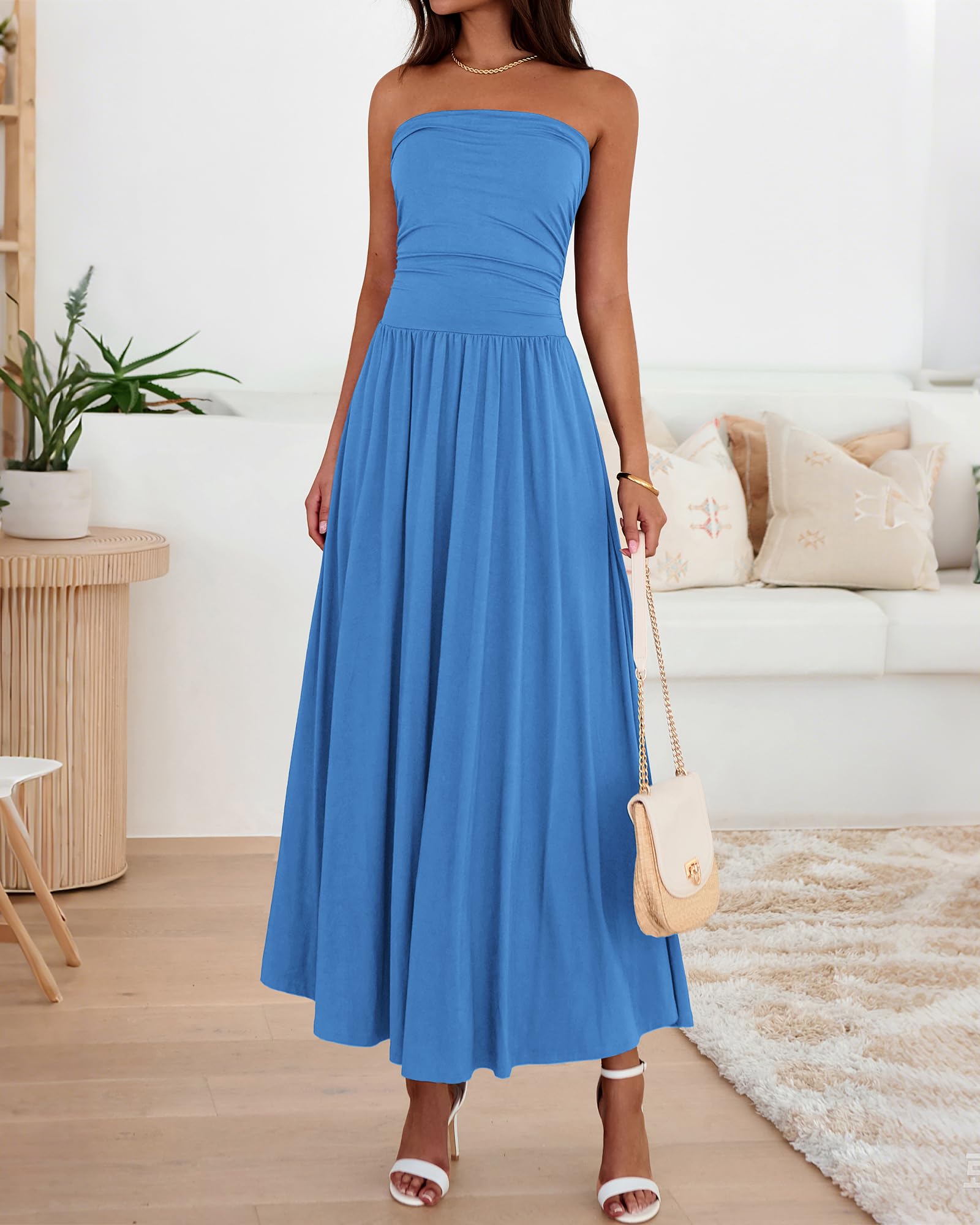 BTFBM Summer Maxi Dresses for Women Strapless Ruched Tube Top Beach Vacation Spring Wedding Guest Dress Pockets