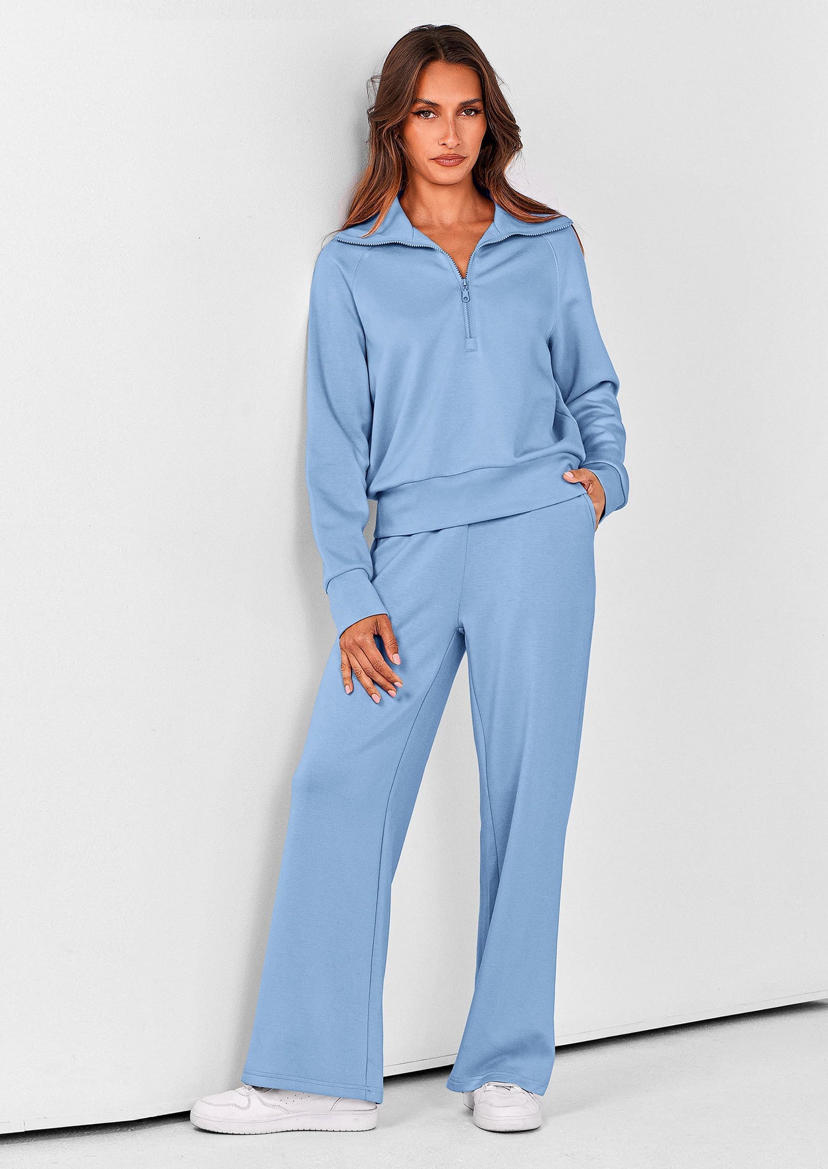 PRETTYGARDEN Women's 2 Piece Outfits Casual Lapel Half Zip Sweatshirts And Wide Leg Pants Tracksuit Sets