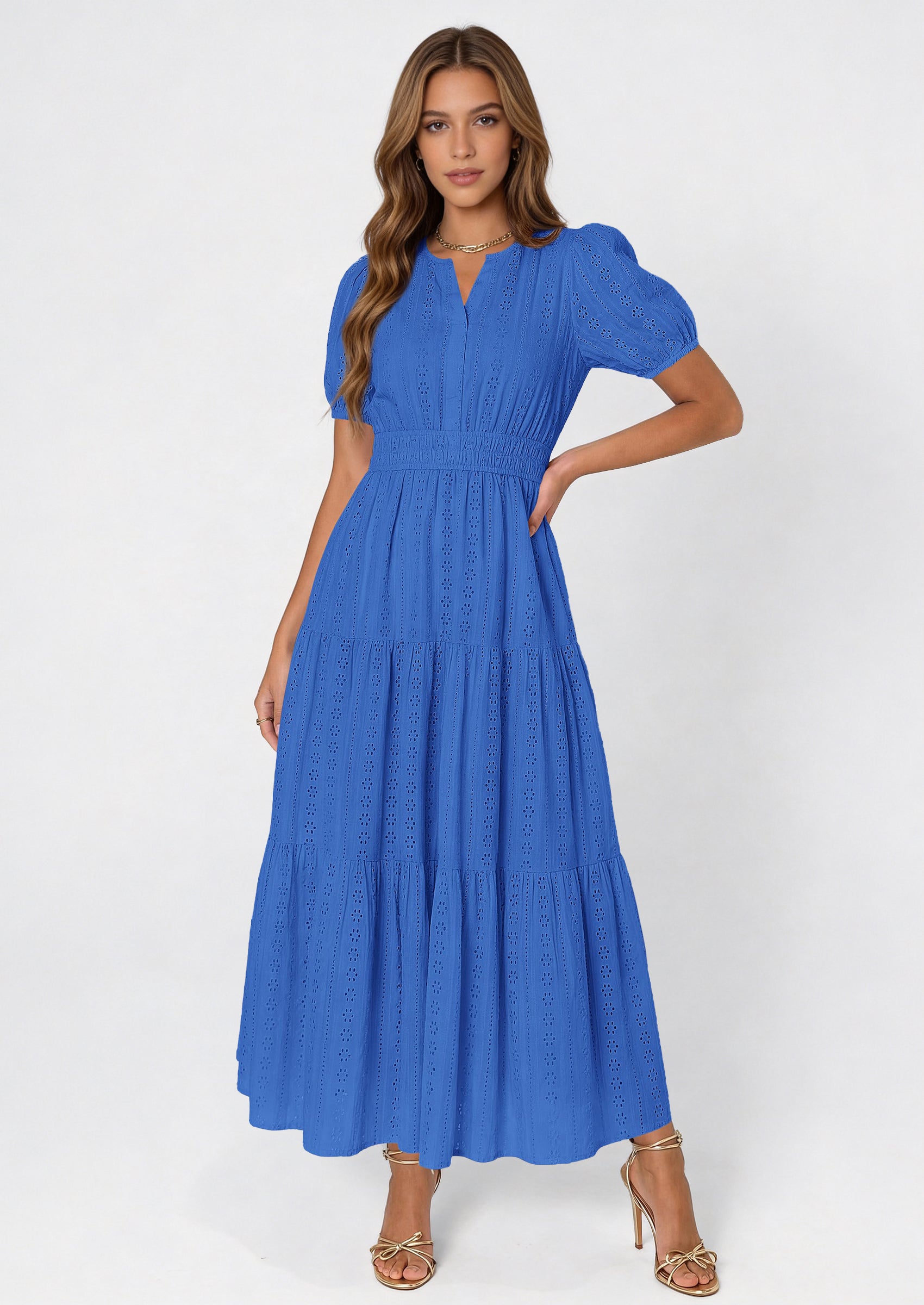 PRETTYGARDEN Womens Summer Maxi Dresses Casual Puff Sleeve V Neck Smocked Flowy Eyelet Cotton Dress Spring Sundress