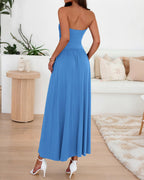 BTFBM Summer Maxi Dresses for Women Strapless Ruched Tube Top Beach Vacation Spring Wedding Guest Dress Pockets