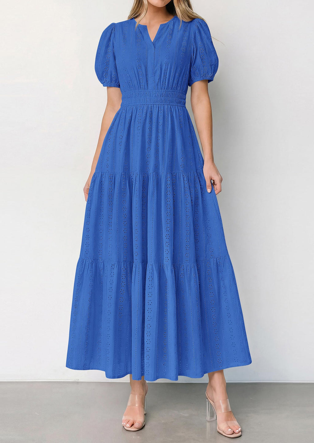 PRETTYGARDEN Womens Summer Maxi Dresses Casual Puff Sleeve V Neck Smocked Flowy Eyelet Cotton Dress Spring Sundress