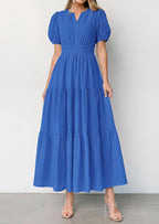 PRETTYGARDEN Womens Summer Maxi Dresses Casual Puff Sleeve V Neck Smocked Flowy Eyelet Cotton Dress Spring Sundress