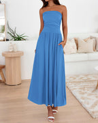 BTFBM Summer Maxi Dresses for Women Strapless Ruched Tube Top Beach Vacation Spring Wedding Guest Dress Pockets