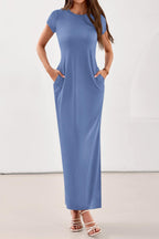 PRETTYGARDEN Womens Summer Maxi Dresses Casual Short Sleeve Crewneck Knit Slit T Shirt Dress Spring Long Beach Sundress