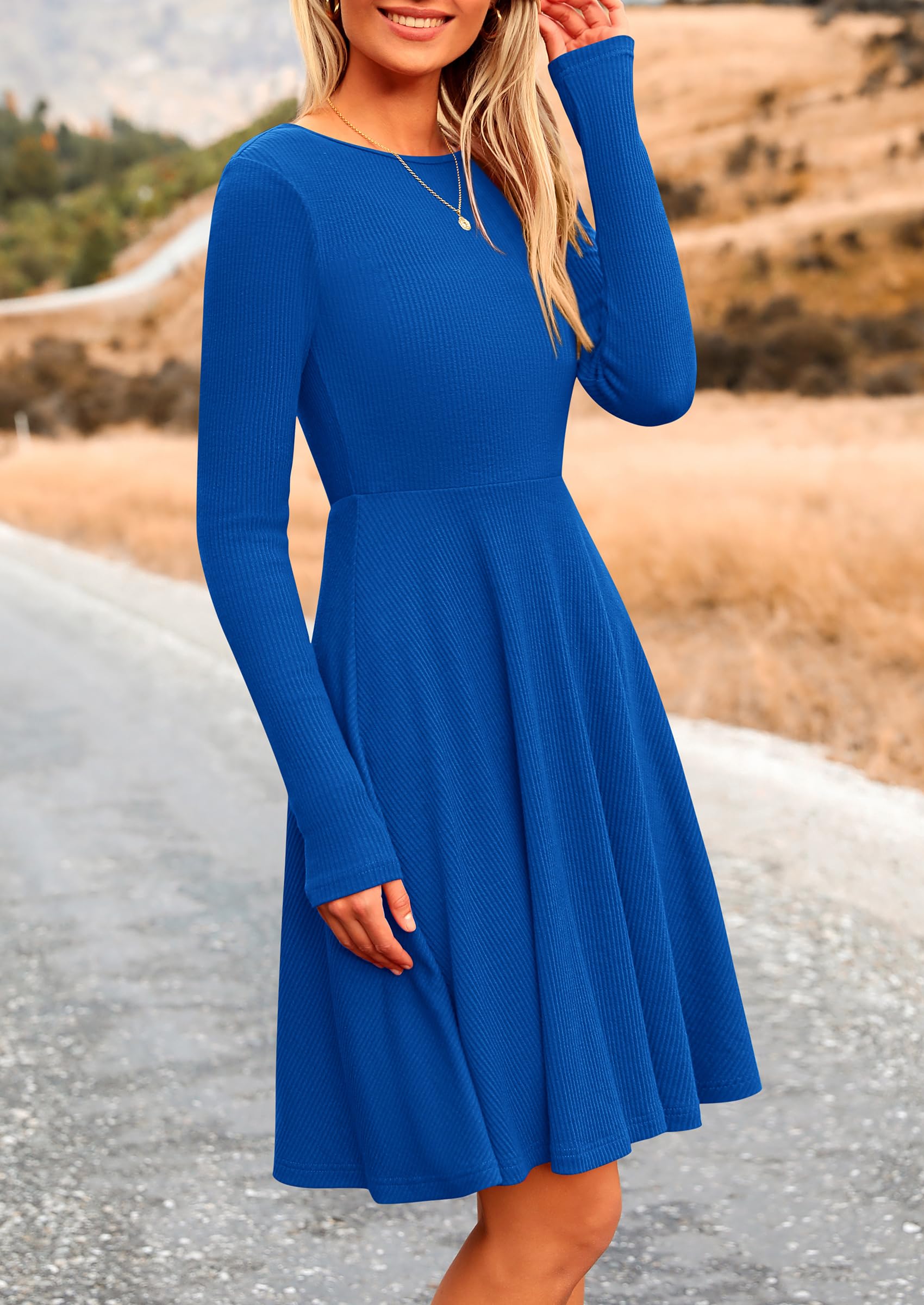 PRETTYGARDEN Women's Spring Fall Short Dress Ribbed Knit Crewneck Long Sleeve A Line Flowy Casual Elegant Going Out Dresses