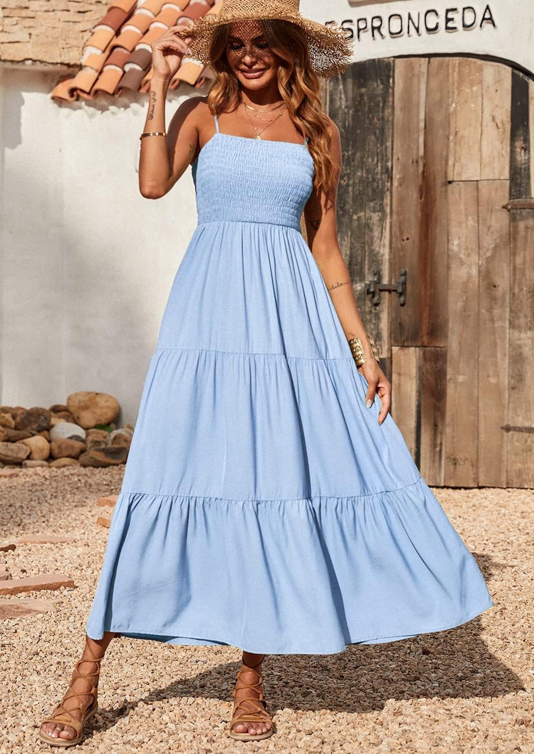 PRETTYGARDEN Women's Summer Maxi Dress Casual Boho Sleeveless Spaghetti Strap Smocked Tiered Long Beach Sundresses