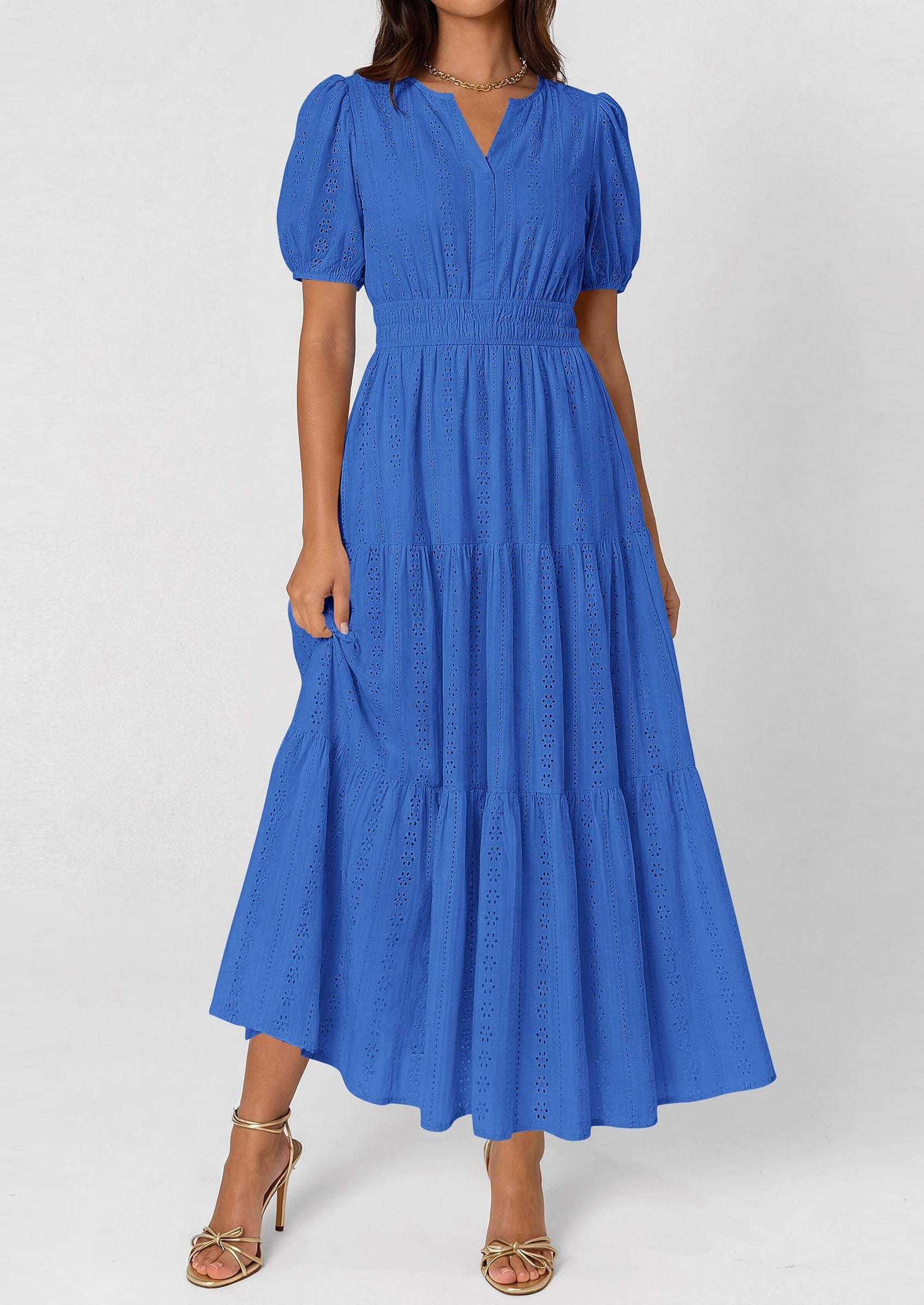 PRETTYGARDEN Womens Summer Maxi Dresses Casual Puff Sleeve V Neck Smocked Flowy Eyelet Cotton Dress Spring Sundress