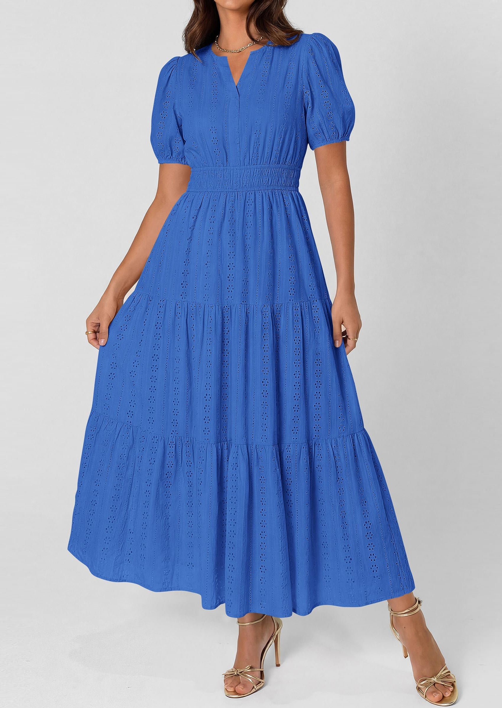 PRETTYGARDEN Womens Summer Maxi Dresses Casual Puff Sleeve V Neck Smocked Flowy Eyelet Cotton Dress Spring Sundress