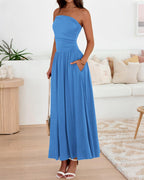 BTFBM Summer Maxi Dresses for Women Strapless Ruched Tube Top Beach Vacation Spring Wedding Guest Dress Pockets