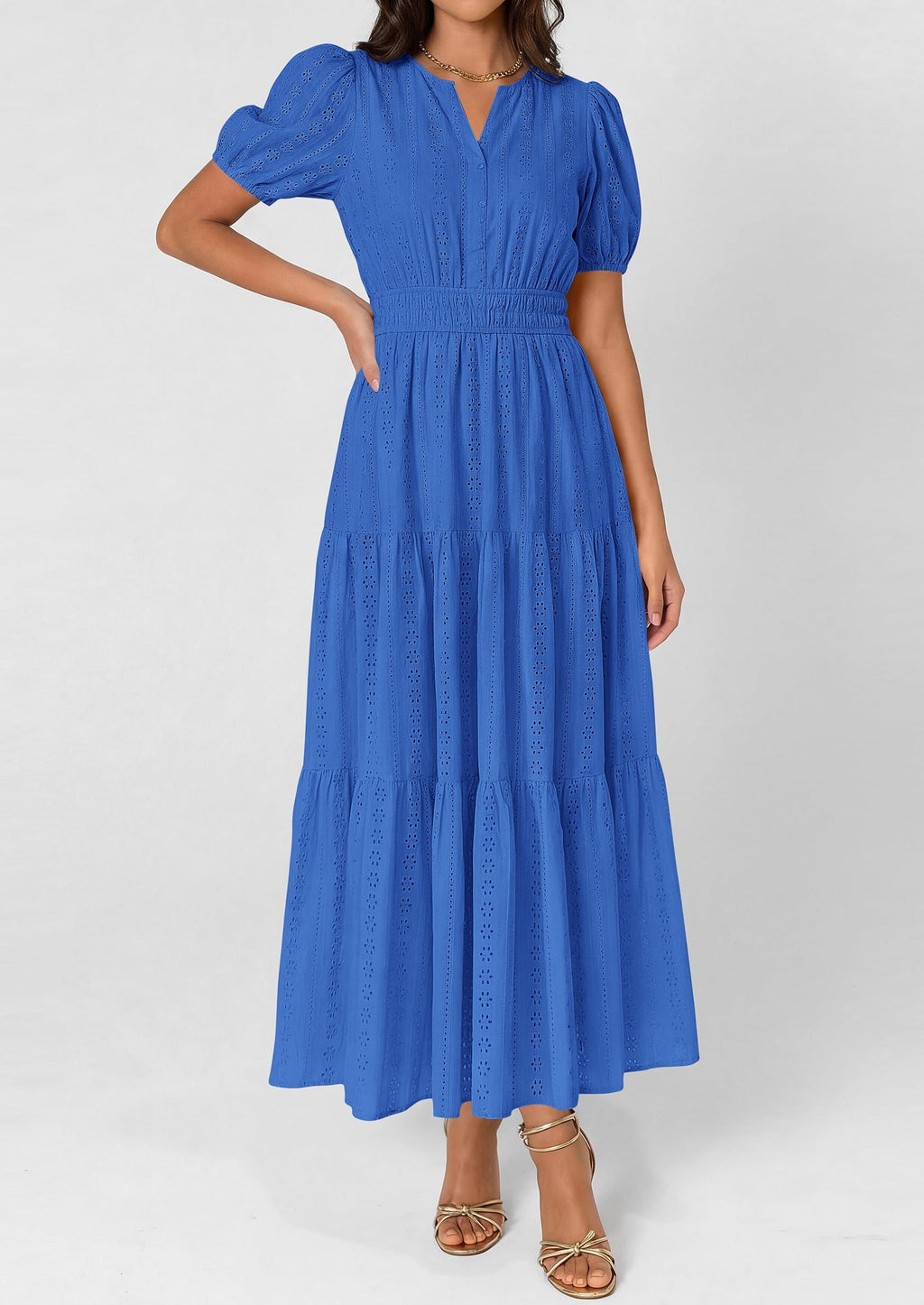 PRETTYGARDEN Womens Summer Maxi Dresses Casual Puff Sleeve V Neck Smocked Flowy Eyelet Cotton Dress Spring Sundress