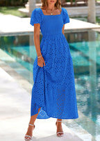 PRETTYGARDEN Dresses for Women Eyelet Square Neck Puff Sleeve Smocked Wedding Guest Maxi Dress with Pockets