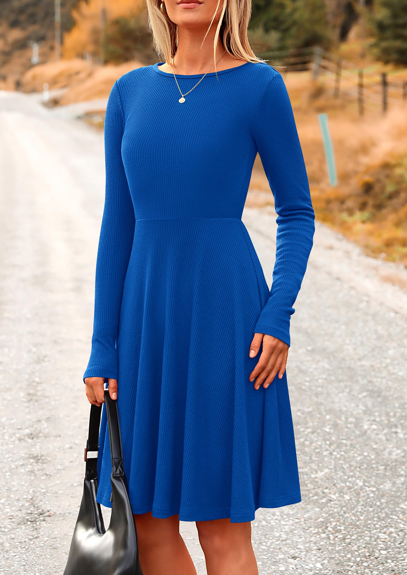 PRETTYGARDEN Women's Spring Fall Short Dress Ribbed Knit Crewneck Long Sleeve A Line Flowy Casual Elegant Going Out Dresses