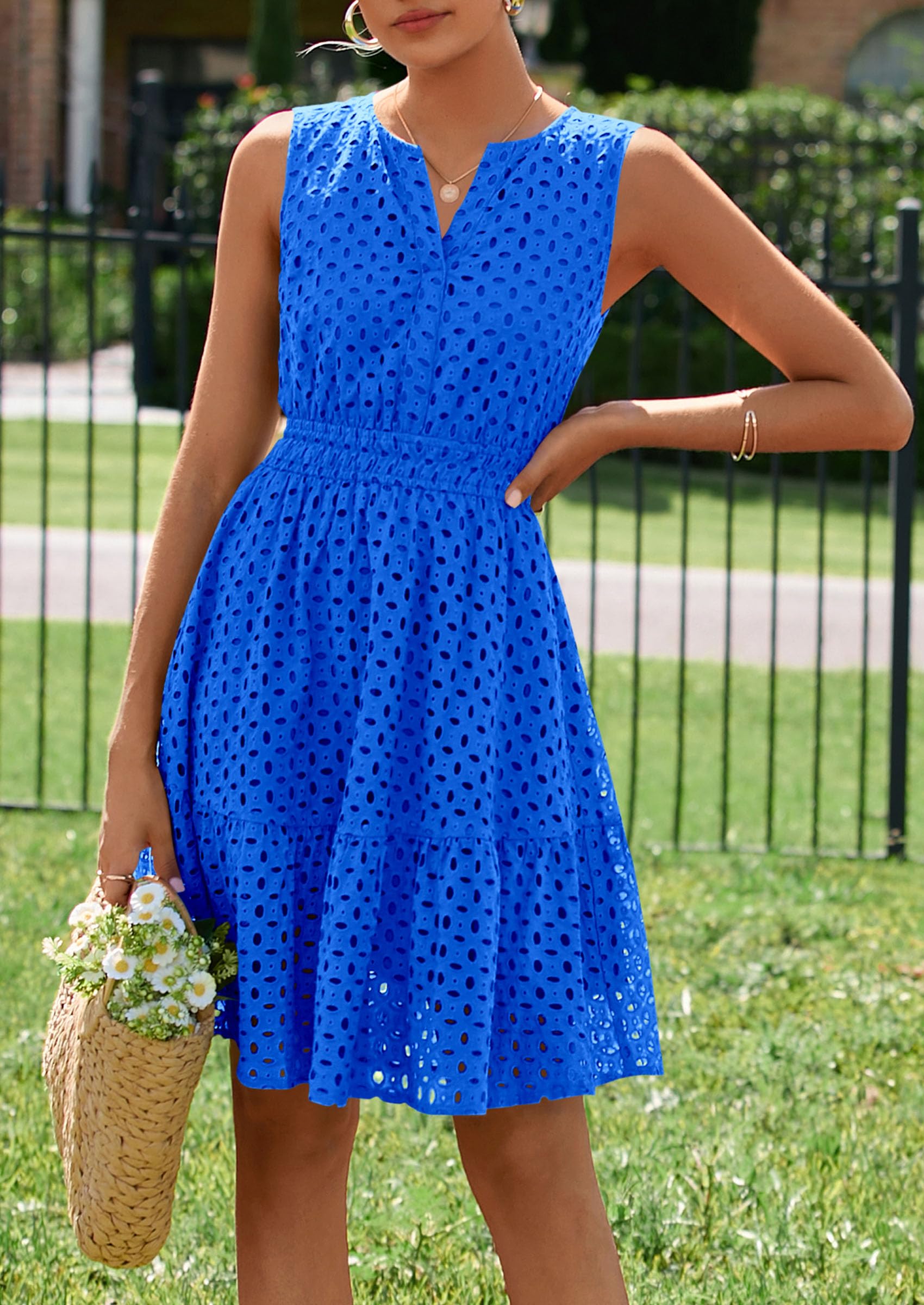 PRETTYGARDEN Women's Summer Dresses Sleeveless V Neck Eyelet Hollow Out Swing A Line Beach Vacation Sun Dress