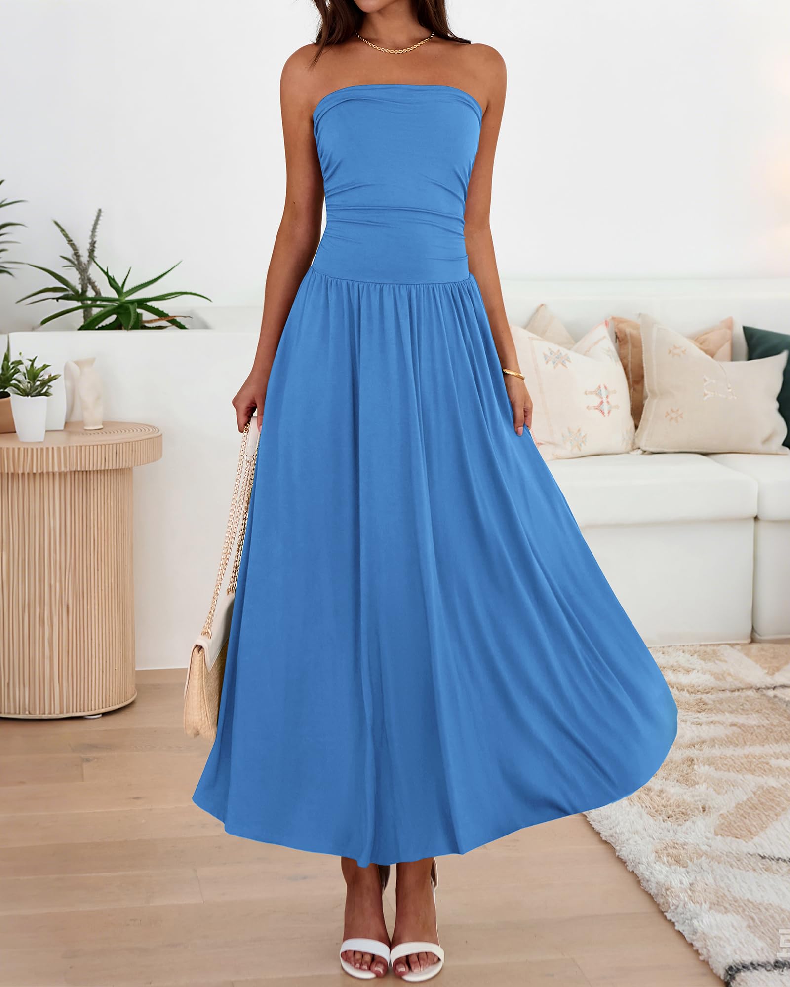 BTFBM Summer Maxi Dresses for Women Strapless Ruched Tube Top Beach Vacation Spring Wedding Guest Dress Pockets