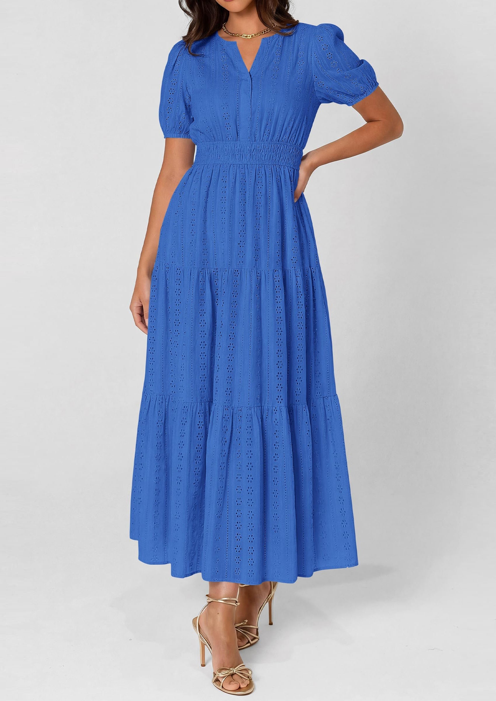 PRETTYGARDEN Womens Summer Maxi Dresses Casual Puff Sleeve V Neck Smocked Flowy Eyelet Cotton Dress Spring Sundress