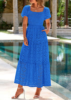 PRETTYGARDEN Dresses for Women Eyelet Square Neck Puff Sleeve Smocked Wedding Guest Maxi Dress with Pockets