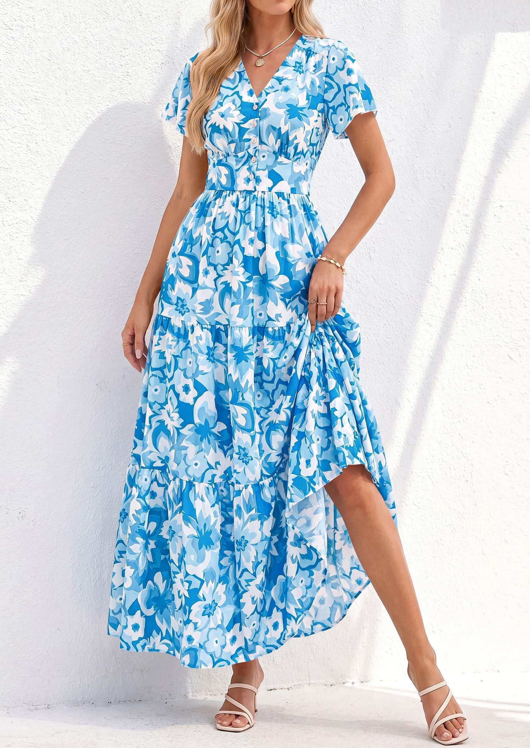 PRETTYGARDEN Women Summer Maxi Dresses Short Sleeve V Neck Button Floral Tiered Flowy Boho Sundress Beach Outfits