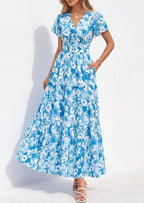 PRETTYGARDEN Women Summer Maxi Dresses Short Sleeve V Neck Button Floral Tiered Flowy Boho Sundress Beach Outfits