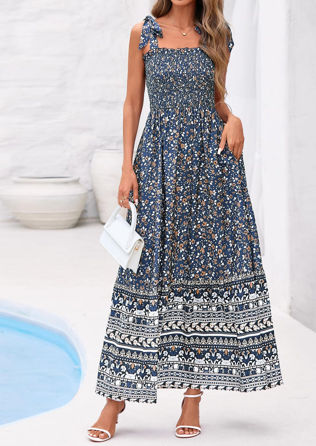 PRETTYGARDEN Women's Summer Maxi Dress Tie Straps Floral Beach Vacation Long Dresses Smocked Boho Sundress with Pockets