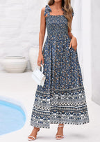 PRETTYGARDEN Women's Summer Maxi Dress Tie Straps Floral Beach Vacation Long Dresses Smocked Boho Sundress with Pockets