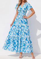 PRETTYGARDEN Women Summer Maxi Dresses Short Sleeve V Neck Button Floral Tiered Flowy Boho Sundress Beach Outfits