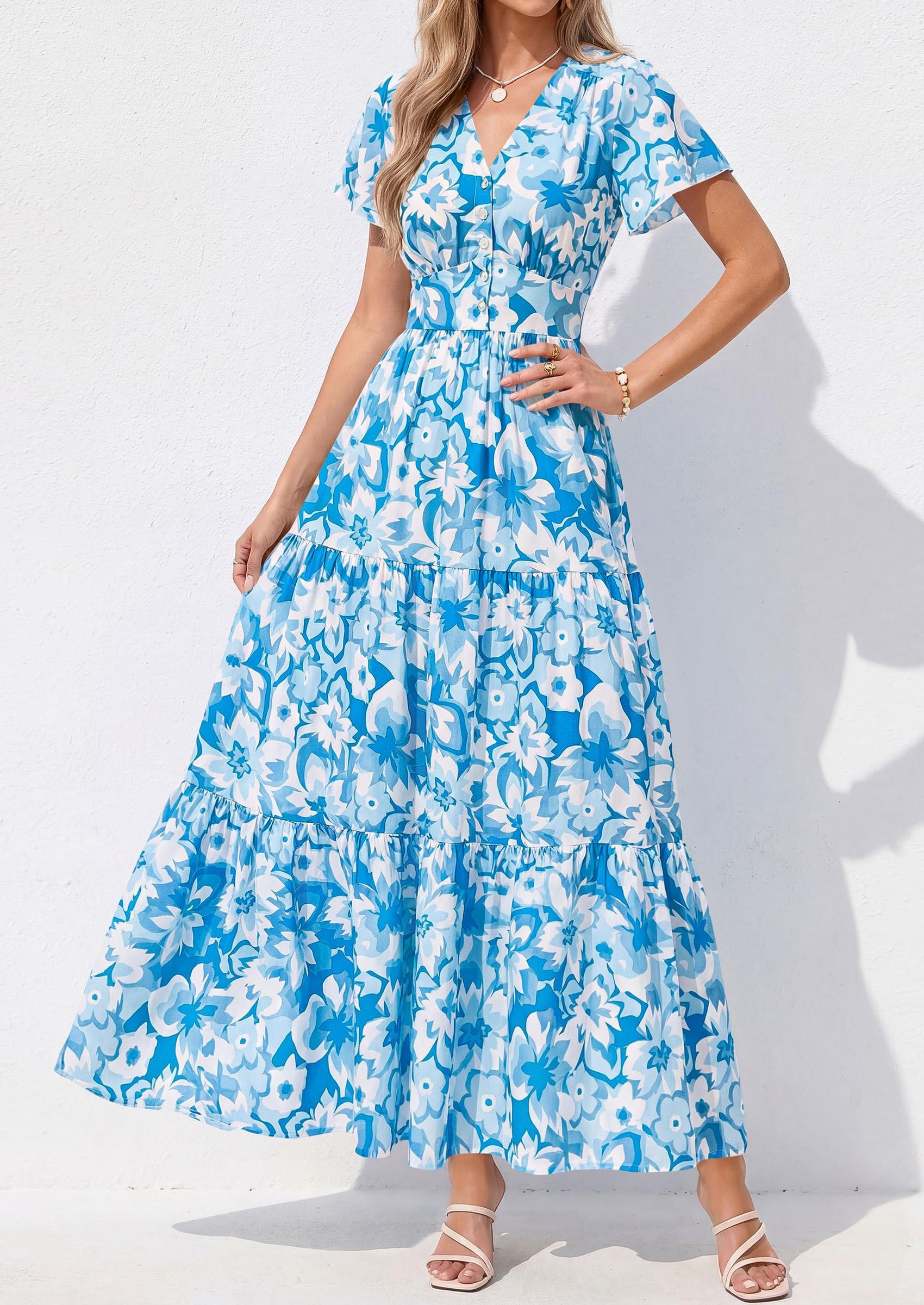 PRETTYGARDEN Women Summer Maxi Dresses Short Sleeve V Neck Button Floral Tiered Flowy Boho Sundress Beach Outfits