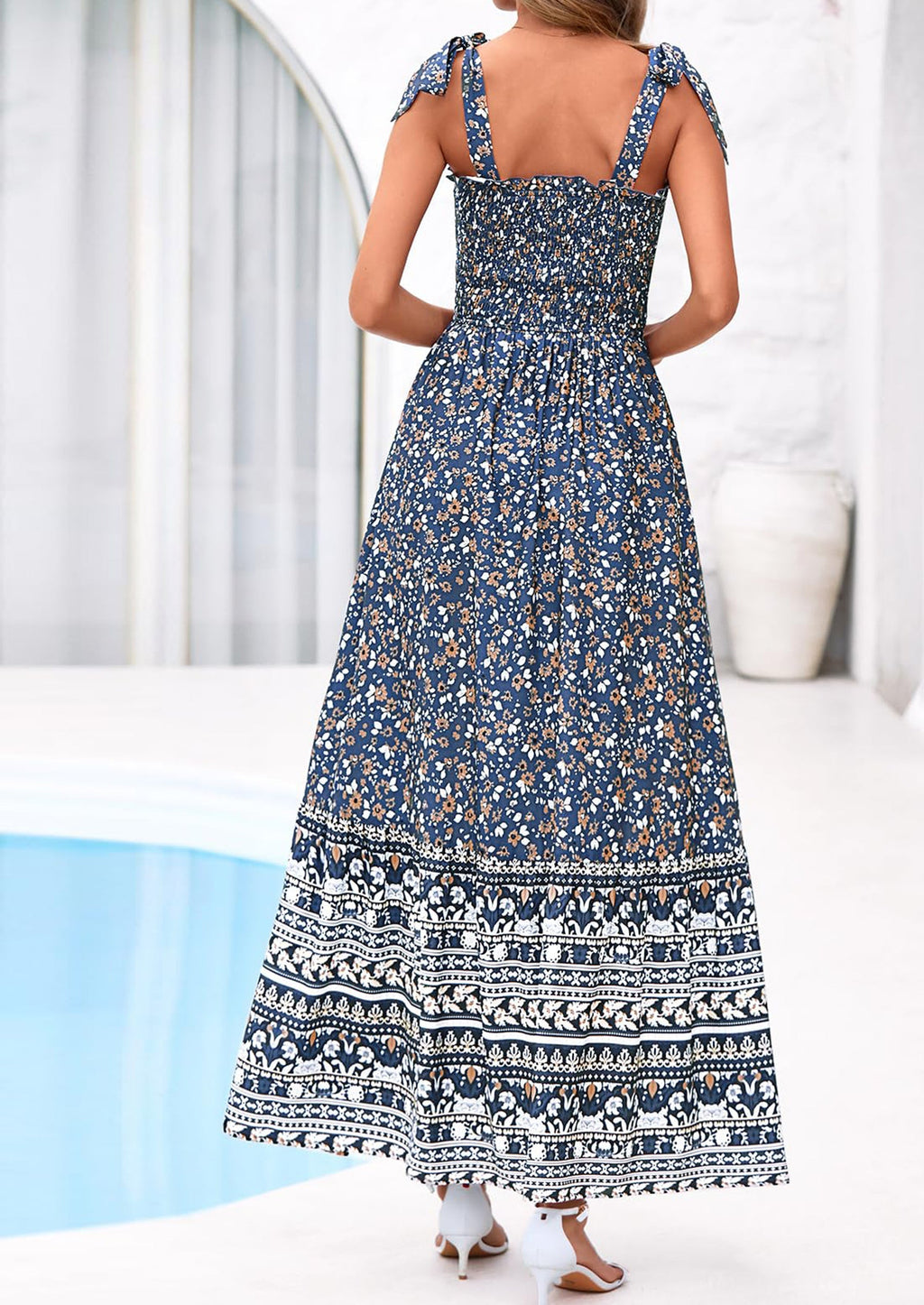 PRETTYGARDEN Women's Summer Maxi Dress Tie Straps Floral Beach Vacation Long Dresses Smocked Boho Sundress with Pockets