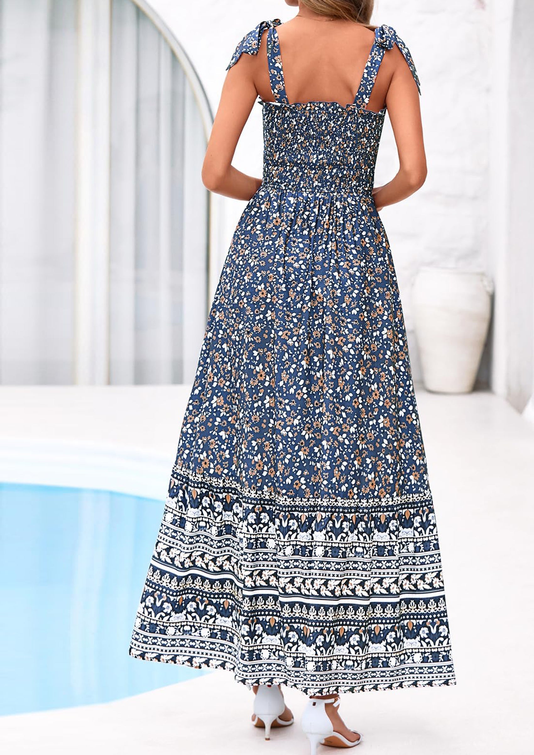 PRETTYGARDEN Women's Summer Maxi Dress Tie Straps Floral Beach Vacation Long Dresses Smocked Boho Sundress with Pockets