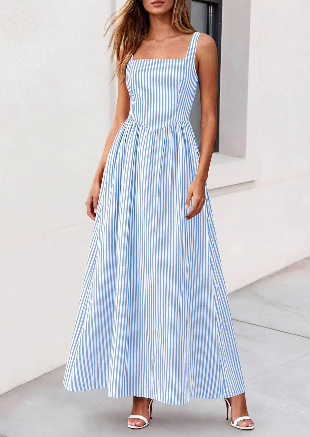 PRETTYGARDEN Women's Maxi Striped Dress Summer Sleeveless Square Neck Smocked A Line Long Flowy Spring Vacation Sundress