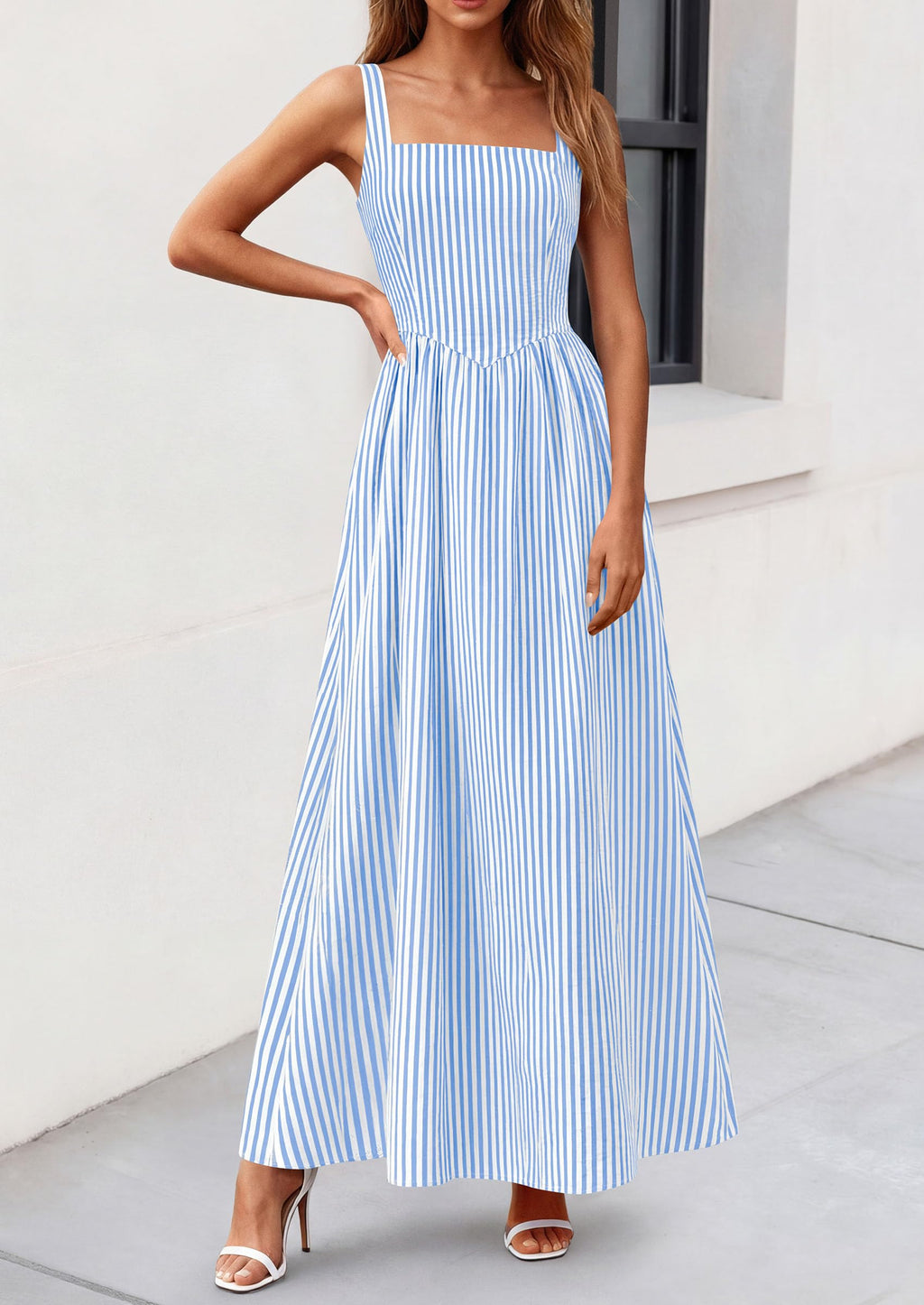 PRETTYGARDEN Women's Maxi Striped Dress Summer Sleeveless Square Neck Smocked A Line Long Flowy Spring Vacation Sundress