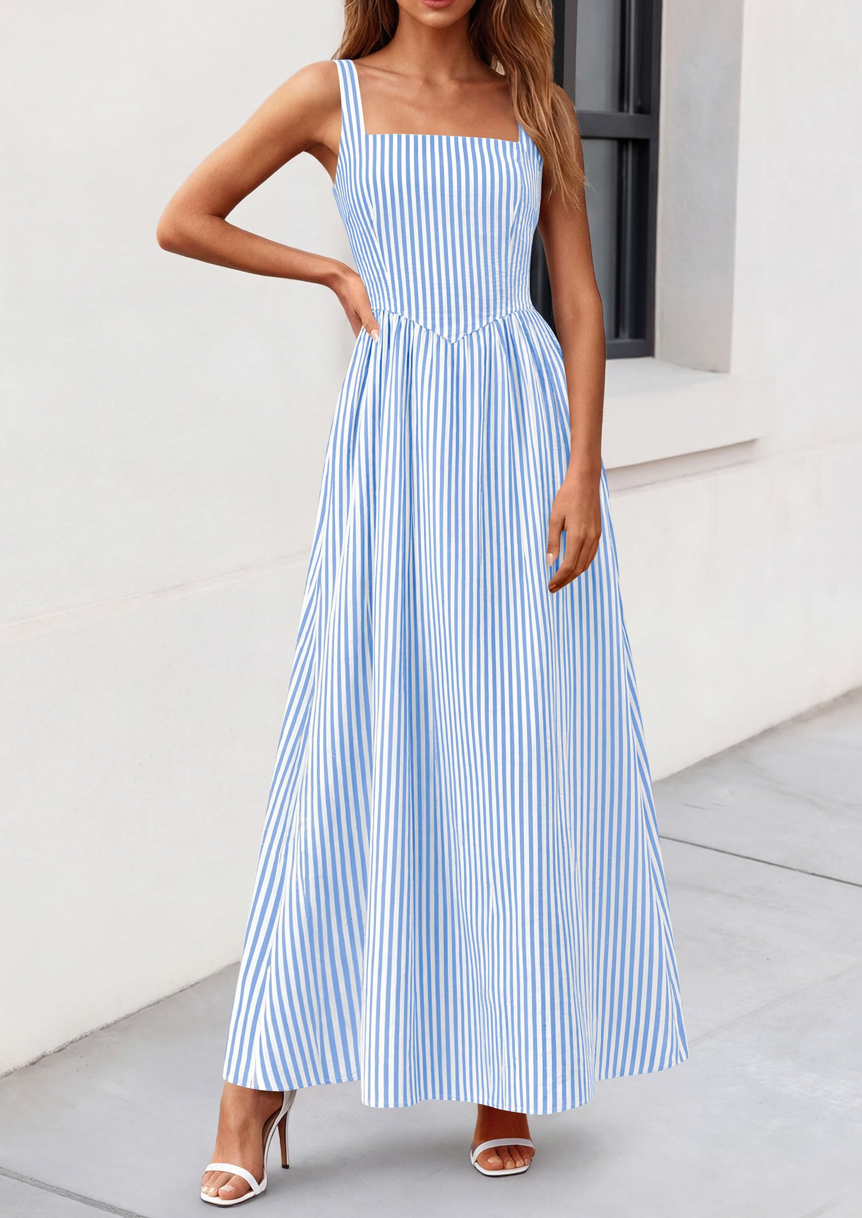 PRETTYGARDEN Women's Maxi Striped Dress Summer Sleeveless Square Neck Smocked A Line Long Flowy Spring Vacation Sundress