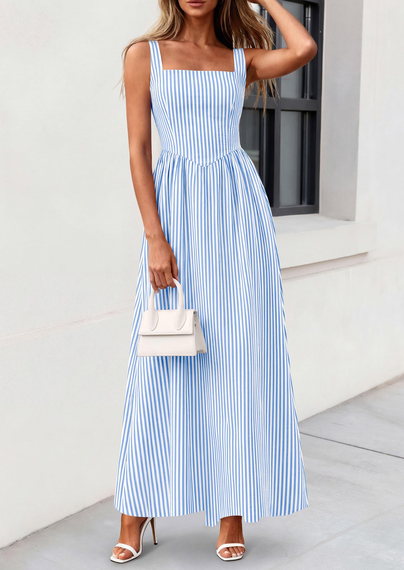 PRETTYGARDEN Women's Maxi Striped Dress Summer Sleeveless Square Neck Smocked A Line Long Flowy Spring Vacation Sundress
