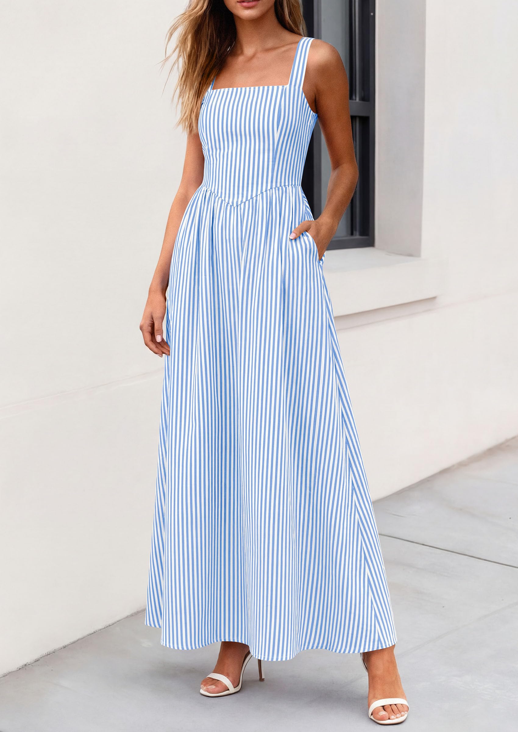 PRETTYGARDEN Women's Maxi Striped Dress Summer Sleeveless Square Neck Smocked A Line Long Flowy Spring Vacation Sundress