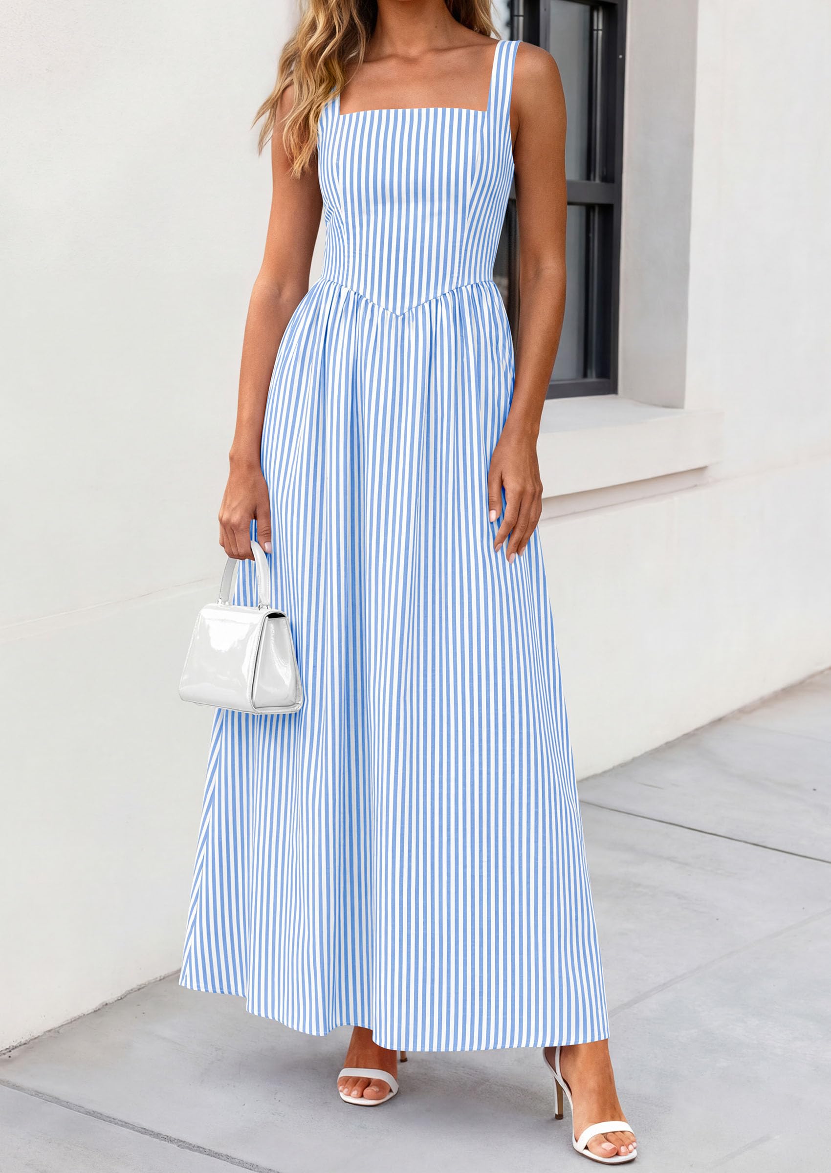 PRETTYGARDEN Women's Maxi Striped Dress Summer Sleeveless Square Neck Smocked A Line Long Flowy Spring Vacation Sundress